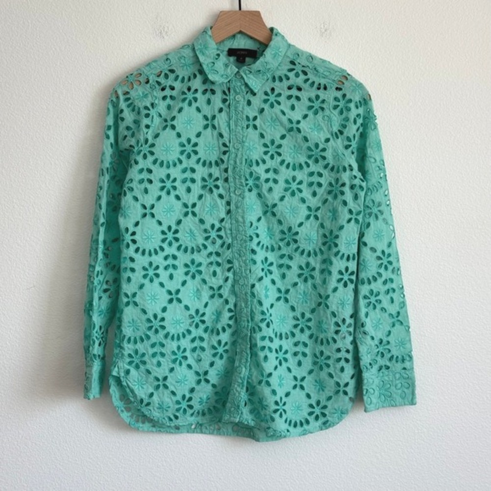 J. Crew Classic Bright Spearmint Green‎ Embroidered Eyelet Button Down Blouse 4